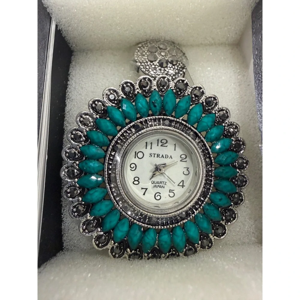 Strada Women Quartz Pendant Watch Turquoise Black Crystal Silver Tone Boho New